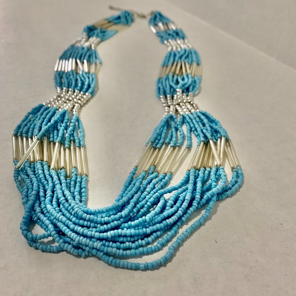 Vintage Native Blue Seed Bead Statement Necklace, Blue Beaded Necklace, Handmade - Picture 6 of 14